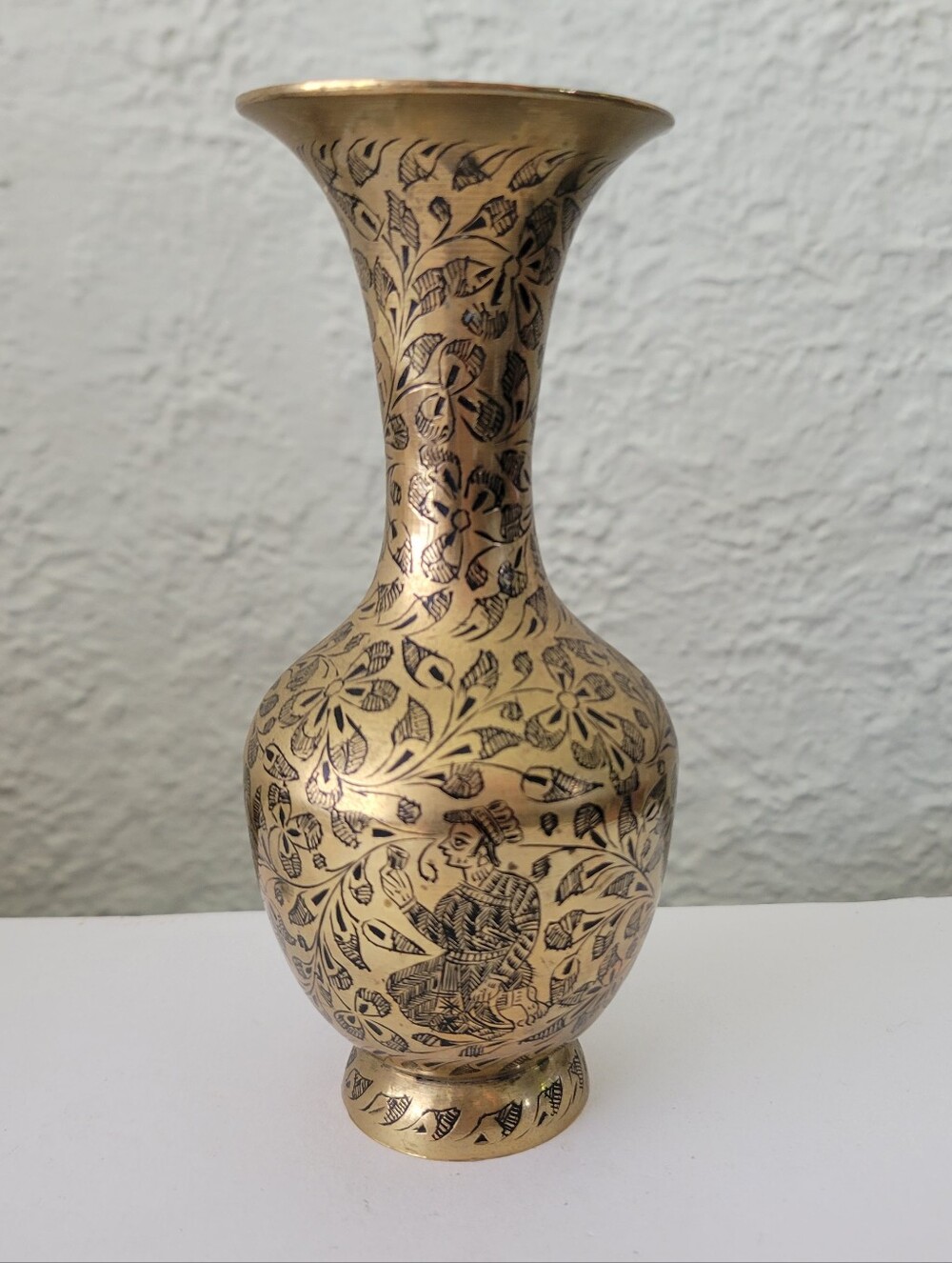 Vintage Brass Engraved Floral Vase 6” Hand Etched Decorative Hollywood Regency